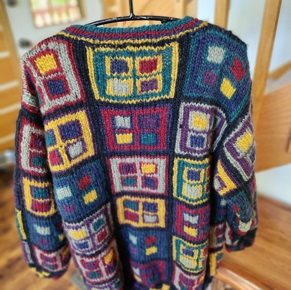 Vintage 90's Avalanche‎ Colorblock Hand-Knit 100% Heavy Wool Sz. M Cardigan - Picture 3 of 7